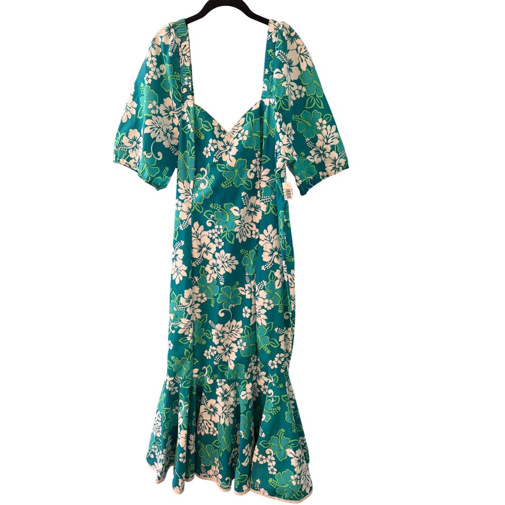 Winnie Fashion Dress Teal Hibiscus Floral Muumuu Mermaid Ruffle Maxi XL Hawaii